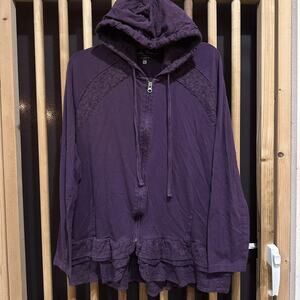 North River Outfitters Hoodie Womens XL Purple Zip Lace Ruffle Hem Boho Cotton